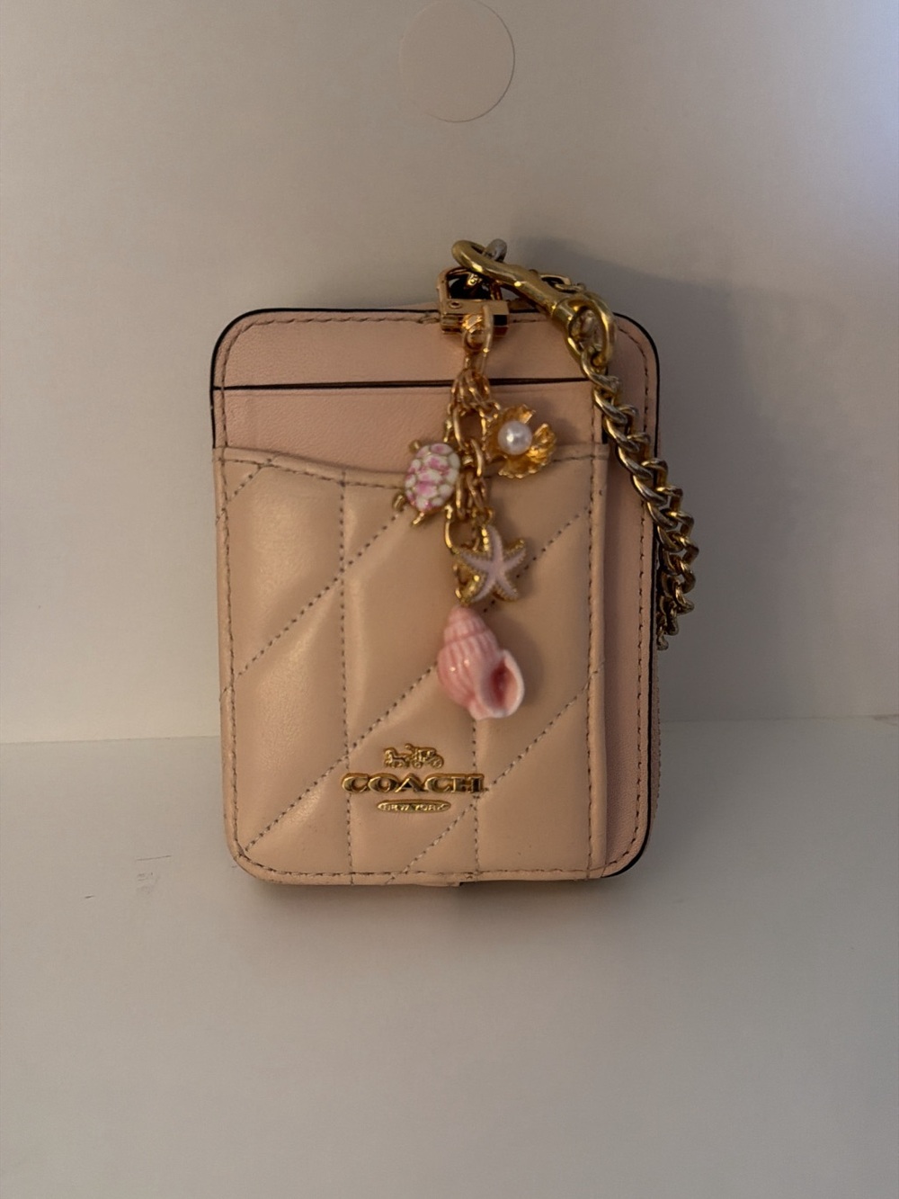 Coach Blush Quilted Leather Card Holder with Gold Charm Chain